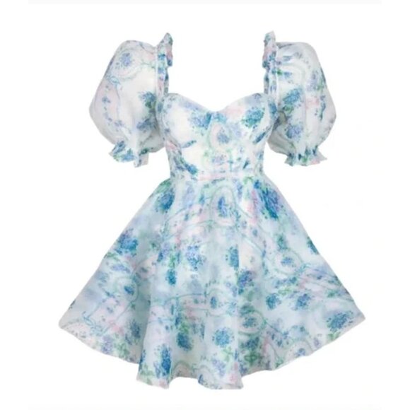 Selkie La Belle Étoile Parliament Dress Blue Floral Organza Puff Sleeve Mini 1X - Picture 5 of 12